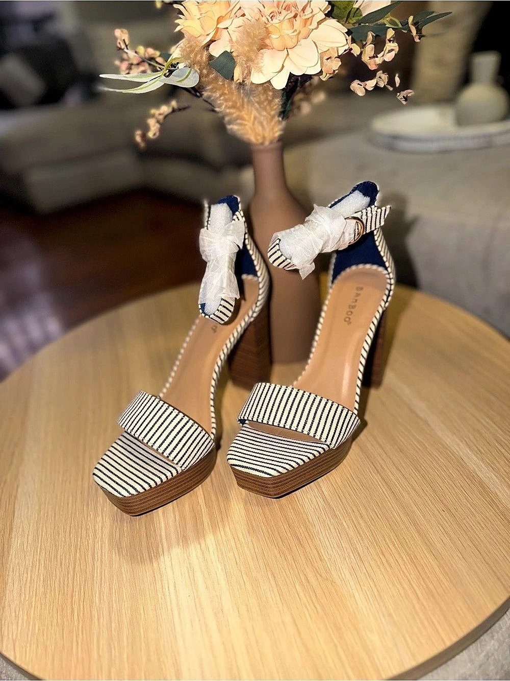 Bamboo Striped Wedge Sandals in White & Blue Like New